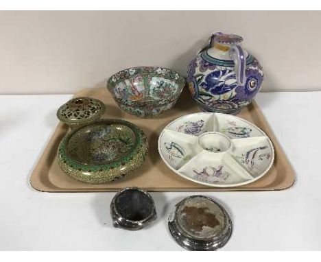 A tray of Poole vase and serving plate, Canton famille rose bowl (a/f), cloisonne bowl, Worcester pot pouri holder, sterling 