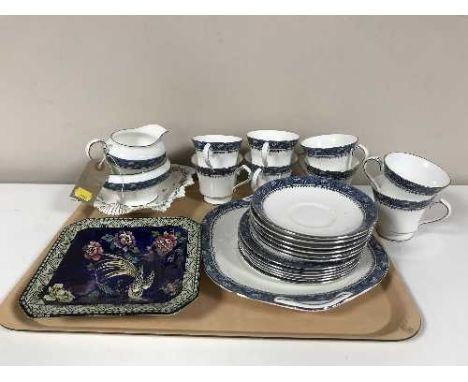 Two trays of Aynsley Blue Mist tea service, Shelley plate and a tray of plates and comports 
