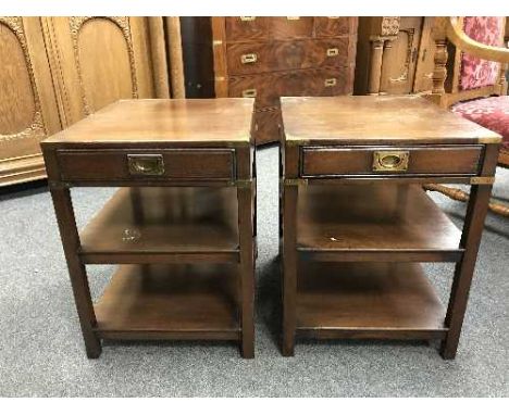 A pair of mahogany and brass-mounted lamp tables, each fitted with a drawer, width 46 cm.  (2)  