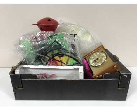 Two boxes of misc. - hurricane lamp, hand bags, soft toy, Maling dish, mantel clock and bag of clothes and clothes rail 