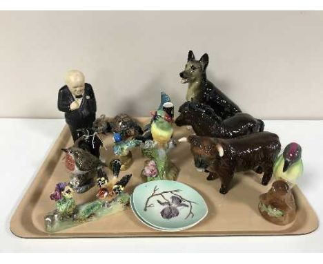 A tray of china animal ornaments - Wade, Poole, Staffordshire etc, two Carlton Ware dishes and Winston Churchill figure 