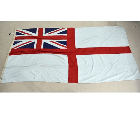 A 1980s British Royal Navy White ensign flag, by Chatham Dockyard Flagloft Ltd, with maker's name and address stencilled to t
