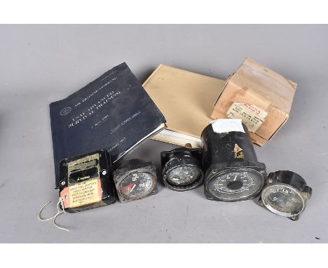 An assortment of 1950s and later aeroplane items, including Oxygen gauge, junction boxes, USAF Survival training booklet, a t