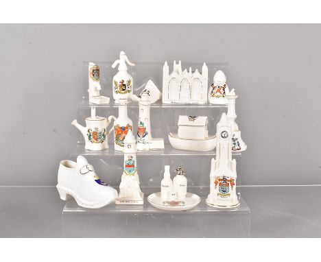 An assortment of various crested ware, to include a soda siphon, Scotch and soda tray, buildings, a clog, pots and vases and 