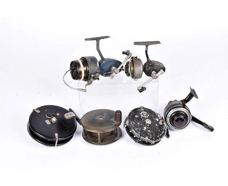 A small collection of fishing reels, to include a vintage brass example, with name, a Trudex, a Daiwa 123M, a Mitchell 440A, 