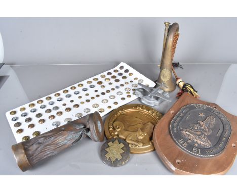 A collection of various military related items, to include a 1917 shell, AF, a Sutherland &amp; Argyll Bugle, two military pl