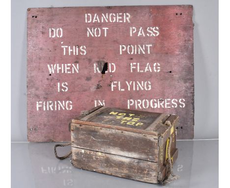 A vintage wooden Shooting Range sign, together with a wooden ammunition crate, AF (2)