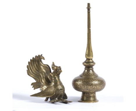 Rosewater sprinkler Mughal, decorated with interlocking patterns 22.5cm high, together with a model of a bird with inlaid col