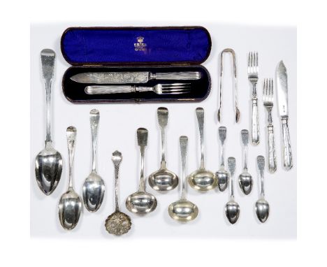 Collection of silver spoons ladles etc, 502 grams, with a cased knife and fork, sifting spoon, etc