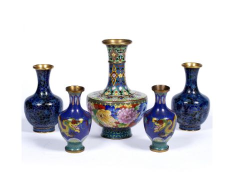 Five Chinese cloisonne vases including a pair decorated with a dragon and another pair decorated with blue flowers, the large