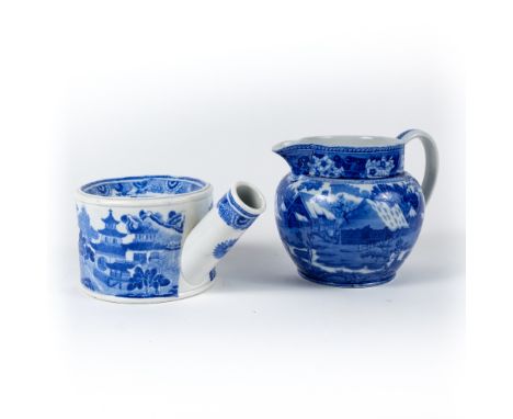 Spode blue transfer spitoon 18cm, and a Wedgwood blue transfer fallow deer jug, 13cm (2)