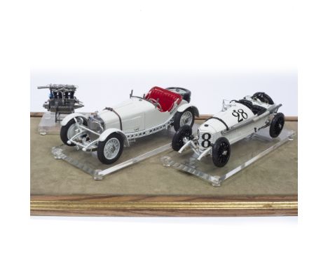 Two scale models of cars first 1914 Grand Prix car with plaque at the front GP Mercedes No 28, together with a further model 