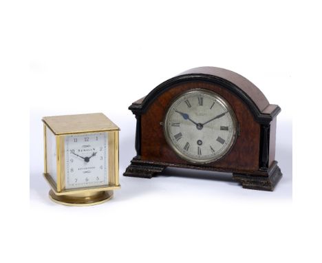 Weather station clock by Sewills with four faces on a rotating base, together with a birds eye maple mantel clock, retailed b