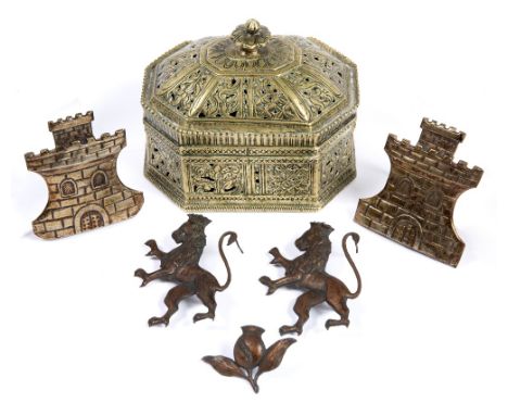Brass box and cover with cut pierced design, divided into borders of foliage decoration with a flower finial, together with v