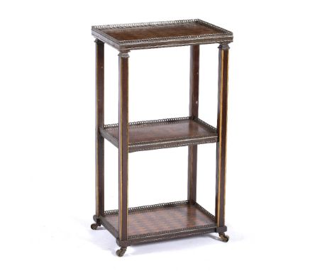 Three shelf inlaid whatnot  in the French style, with geometric patterns and metal sides, 85.5cm high x 35cm across