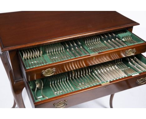 Extensive canteen of silver cutlery in original case/cabinet Fiddle and shell pattern for 8 place setting, Sheffield 1968, ma