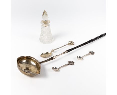 Silver and whale bone toddy ladle with inset coin, and a few other pieces