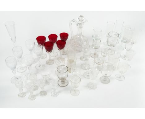 Collection of glasswareto include five Swedish red sherry glasses, 19th Century rummer, port glasses, cut-glass decanter and 
