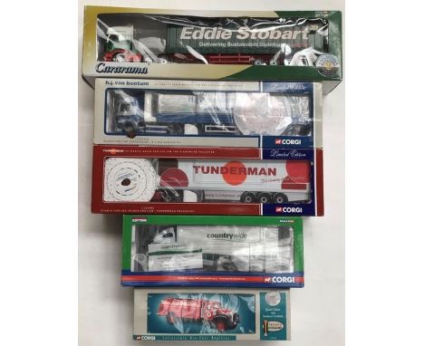 Corgi Haulage Trucks: H J Bentum Scania, Tunderman Scania, Countrywide Farmers Volvo, Texaco MackB, along with three unboxed,