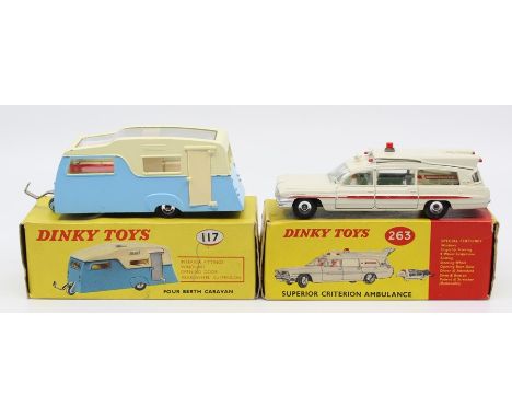 Dinky: A pair of boxed Dinky Toys to comprise: Four Berth Caravan, 188 vehicle, 117 box sticker, blue and white vehicle; and 