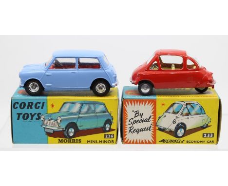 Corgi: A boxed, Corgi Toys, Morris Mini-Minor, 226, blue body, red interior; together with a boxed, Corgi Toys, Heinkel-I Eco