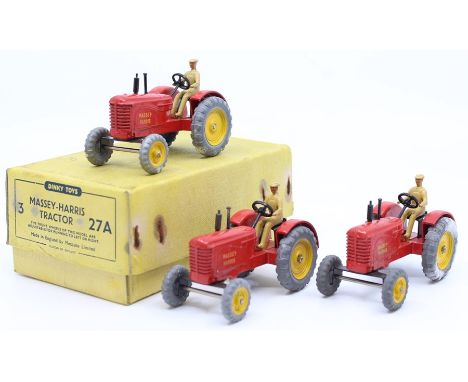 Dinky: A trade box, Dinky Toys, comprising three, 27A, Massey-Harris Tractor, red body with driver, complete with packing ins