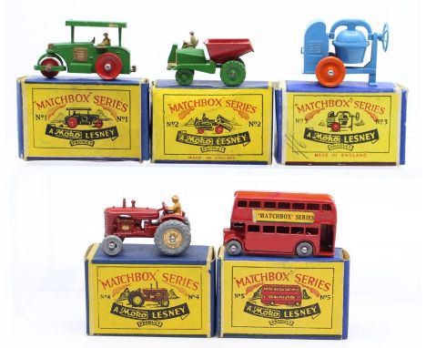 Matchbox: A collection of five boxed Matchbox, Moko Lesney vehicles, to comprise: Aveling Barford Road Roller, No. 1; Muir Hi