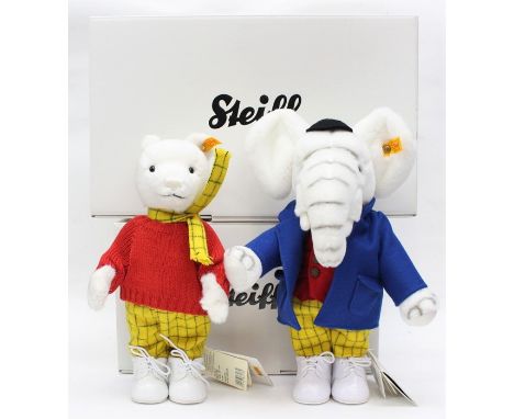 Steiff: A pair of boxed Steiff Rupert bears, comprising: Rupert, EAN 662782, 28cm; together with Edward Trunk, EAN 653612, 28