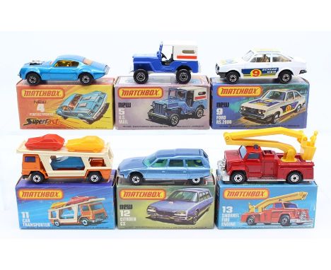 Matchbox: A collection of six Matchbox Superfast boxed vehicles to comprise: Pontiac Firebird, 4; U.S. Mail, 5; Ford RS.2000,