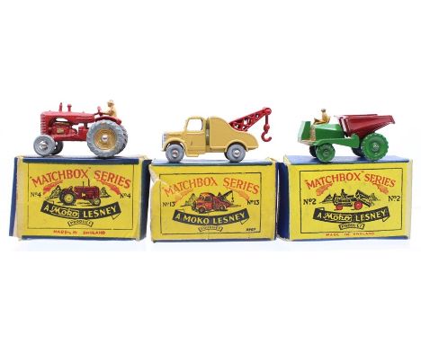 Matchbox: A collection of three boxed Moko Lesney, Matchbox Series vehicles to comprise: Tractor, No.4; Bedford Breakdown Tru