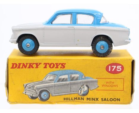 Dinky: A boxed, Dinky Toys, 175, Hillman Minx Saloon, grey and blue two-tone body, box creased, torn to end flaps, and slight