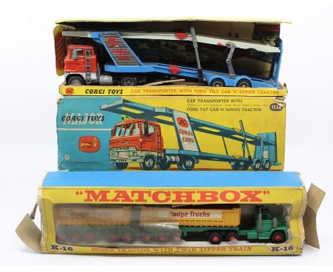 Corgi: A boxed Corgi Major Toys, Car Transporter with Ford Tilt Cab 'H' Series Tractor, 1138; together with a boxed Matchbox 