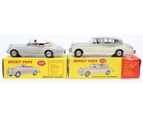 Dinky: A boxed, Dinky Toys, 194, Bentley Coupe, grey body, box appears good; together with a boxed, Dinky Toys, 198, Rolls-Ro