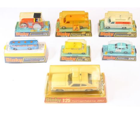 Dinky: A collection of seven bubbled Dinky Toys, to comprise: Police Accident Unit, 257; Motorway Services Ford Transit Van, 