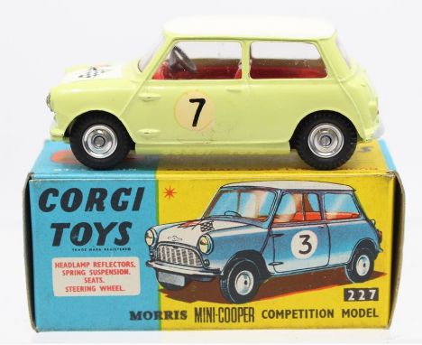 Corgi: A boxed, Corgi Toys, Morris Mini-Cooper Competition Model, 227, in two-tone lemon and white body, Race Number 7, vehic