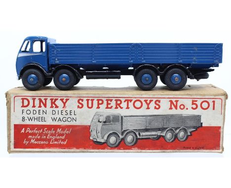 Dinky: A boxed, Dinky Supertoys, Foden Diesel 8-Wheel Wagon, 501, blue cab and trailer, slight paint chips, box fair, wear th