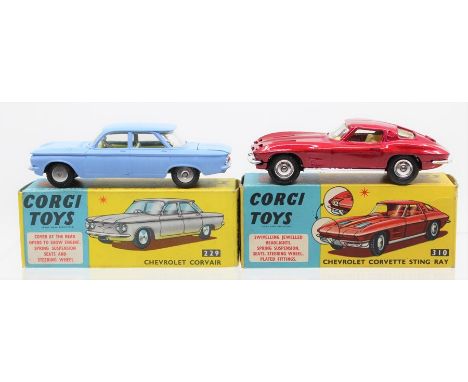 Corgi: A boxed, Corgi Toys, Chevrolet Corvair, 229, turquoise; together with a boxed, Corgi Toys, Chevrolet Corvette Sting Ra