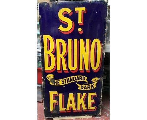 Advertising: A 20th century enamel advertising sign, 'St Bruno The Standard Dark Flake', attached to a wooden frame, damage t