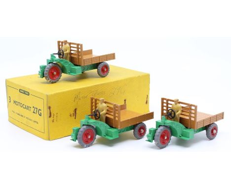 Dinky: A trade box, Dinky Toys, comprising three, 27G, Motocart, green and tan vehicles, original box, vehicles appear good, 