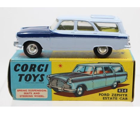 Corgi: A boxed, Corgi Toys, Ford Zephyr Estate Car, 424, two-tone blue body.