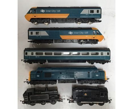 A Hornby collection of various model railway train set items, including engine, carriages, rolling stock, plus various track,