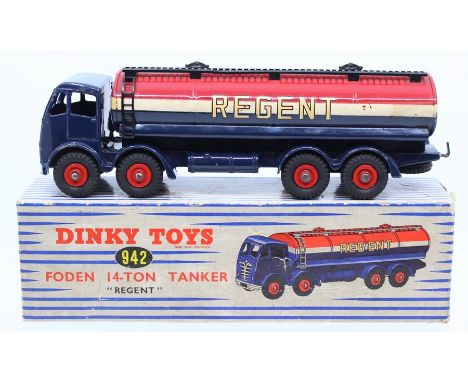 Dinky: A boxed, Dinky Toys, 942, Foden 14-Ton Tanker, 'Regent', red, white and blue vehicle, appears good, slight paint chips