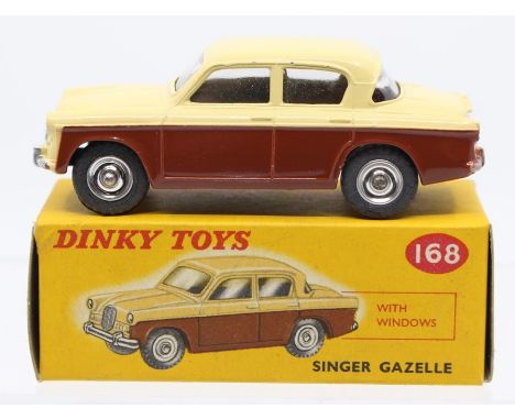 Dinky: A boxed Dinky Toys, Singer Gazelle, 168, two-tone brown and cream body, slight crushing to box edge.