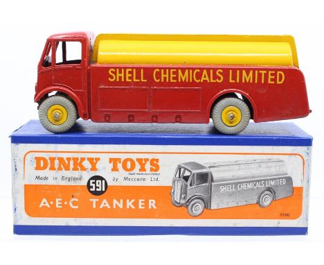 Dinky: A boxed, Dinky Toys, A.E.C. Tanker, 591, Shell Chemicals Limited, red and yellow body, slight paint chips, box appears