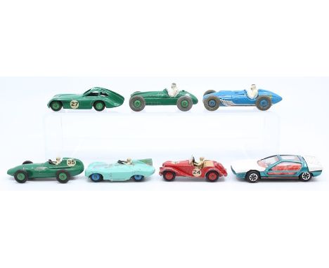 Dinky: A collection of seven Dinky, unboxed, playworn cars to comprise: Jaguar ‘D’ Type, Triumph TR2, MG Midget, Vanwall, Coo