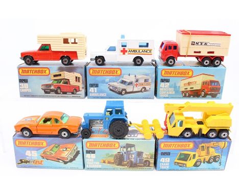 Matchbox: A collection of six Matchbox Superfast boxed vehicles to comprise: Camper, 38; Ambulance, 41; Mercedes Container Tr