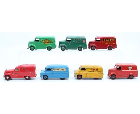 Dinky: A collection of seven Dinky, unboxed, playworn vans, to comprise: Trojan Chivers, Cydrax, Esso, Dunlop, Bedford Kodak 