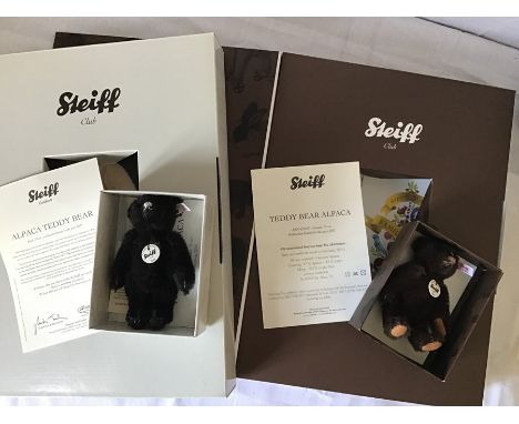 Steiff miniature black Alpaca Bear, 420962 and miniature brown Alpaca Bear, 421167, both with certificates, boxed as new.