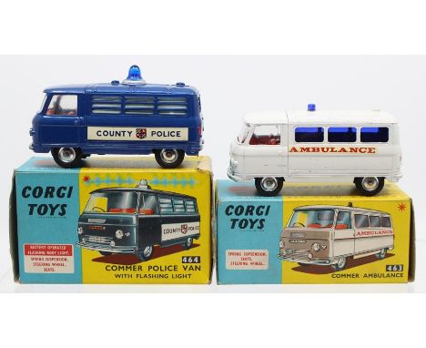 Corgi: A boxed, Corgi Toys, Commer Ambulance, 463, white body; together with a boxed, Corgi Toys, Commer Police Van with Flas