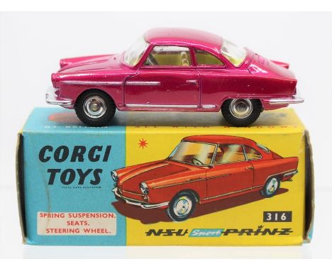 Corgi: A boxed, Corgi Toys, N.S.U. Sport-Prinz, 316, metallic pink body with lemon interior.